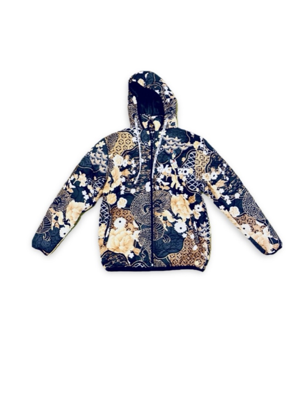 Valeza Lifestyle Puffer Jacket Anime Streetwear Dragon Floral Unisex Black Coat